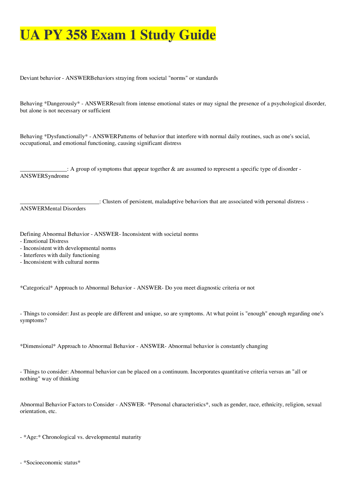 Preview image of UA PY 358 Exam 1 Study Guide 2022/2023 document